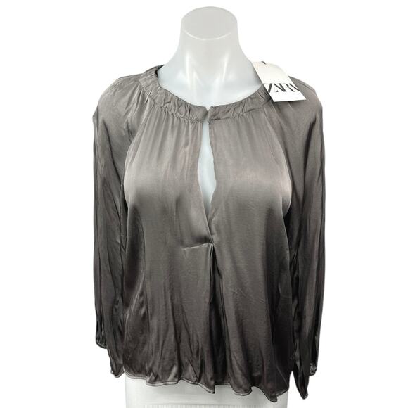 NEW Zara Silver Gray Silky Keyhole Round Neck Long Sleeve Blouse Top Size XS - Picture 1 of 5